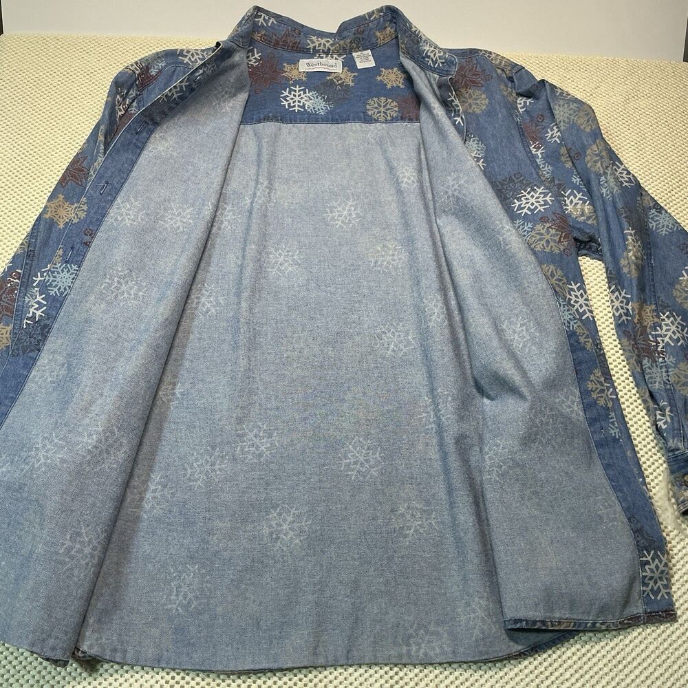 Westbound Women’s XL Denim Button Up Shirt Snowflake Print 100% Cotton Vintage - Picture 4 of 9